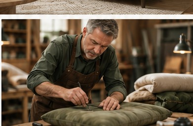 Tapicero trabajando sobre una pieza de tapicería verde